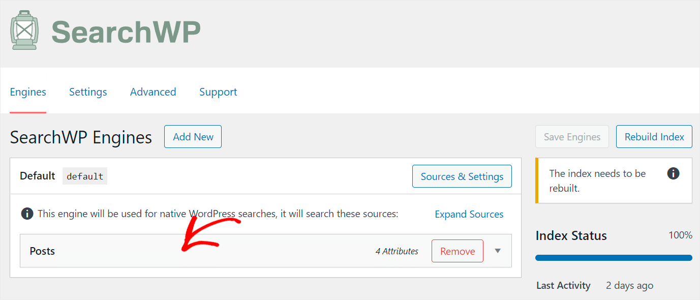 click on the Posts search source