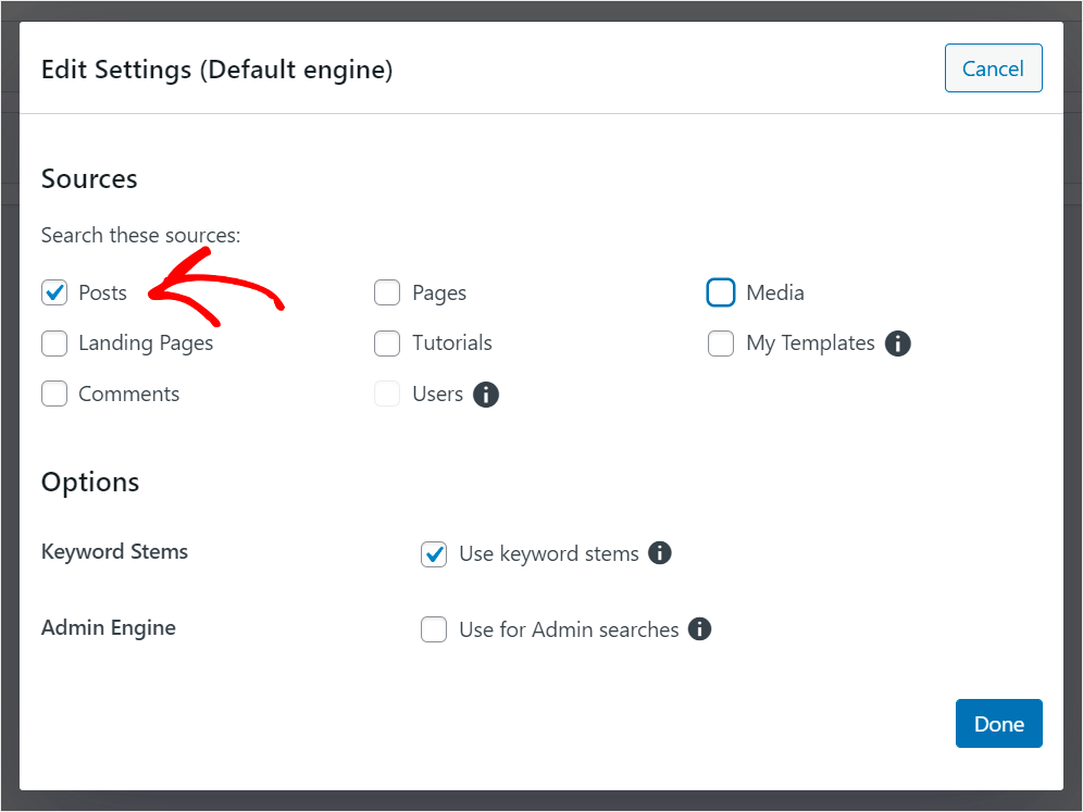 choose the Posts search source