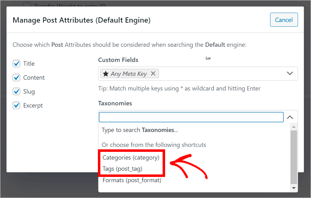 choose Category and Tags taxonomies