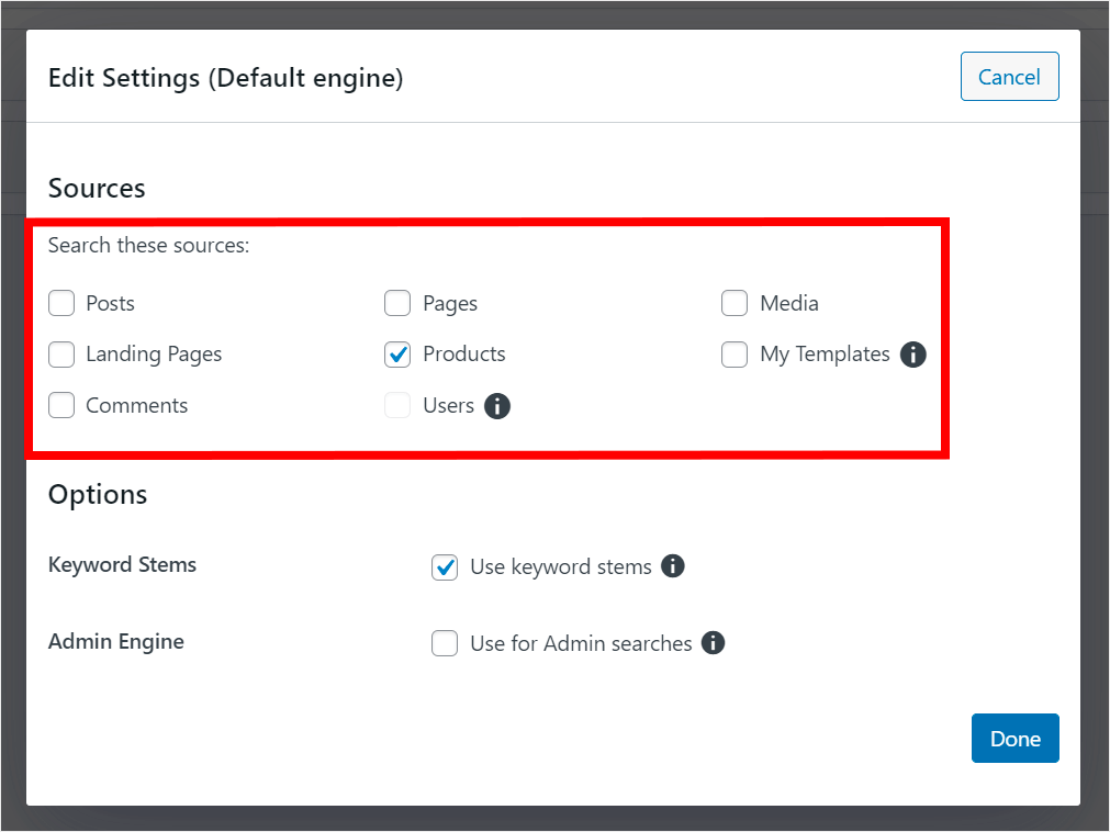 uncheck search sources