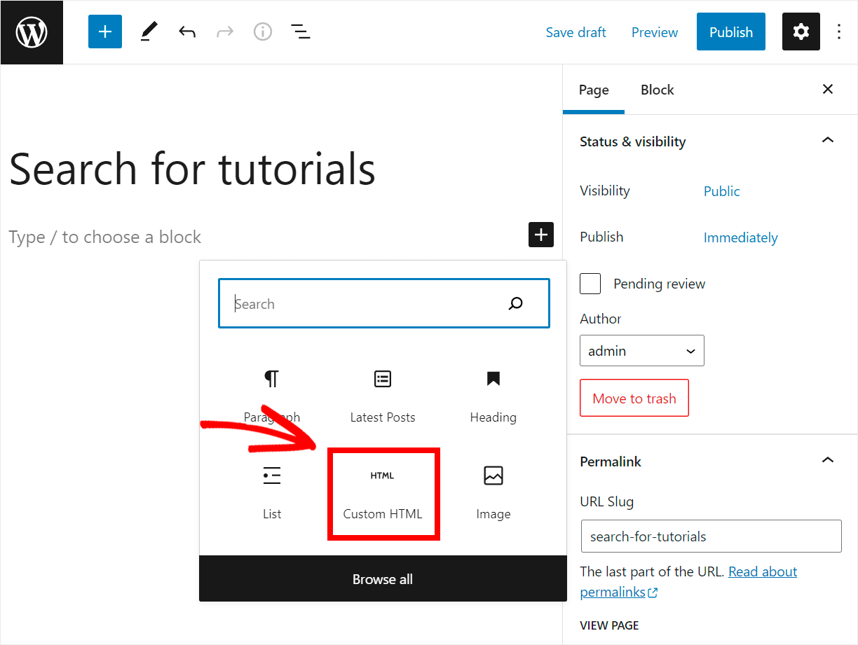 add the Custom HTML block