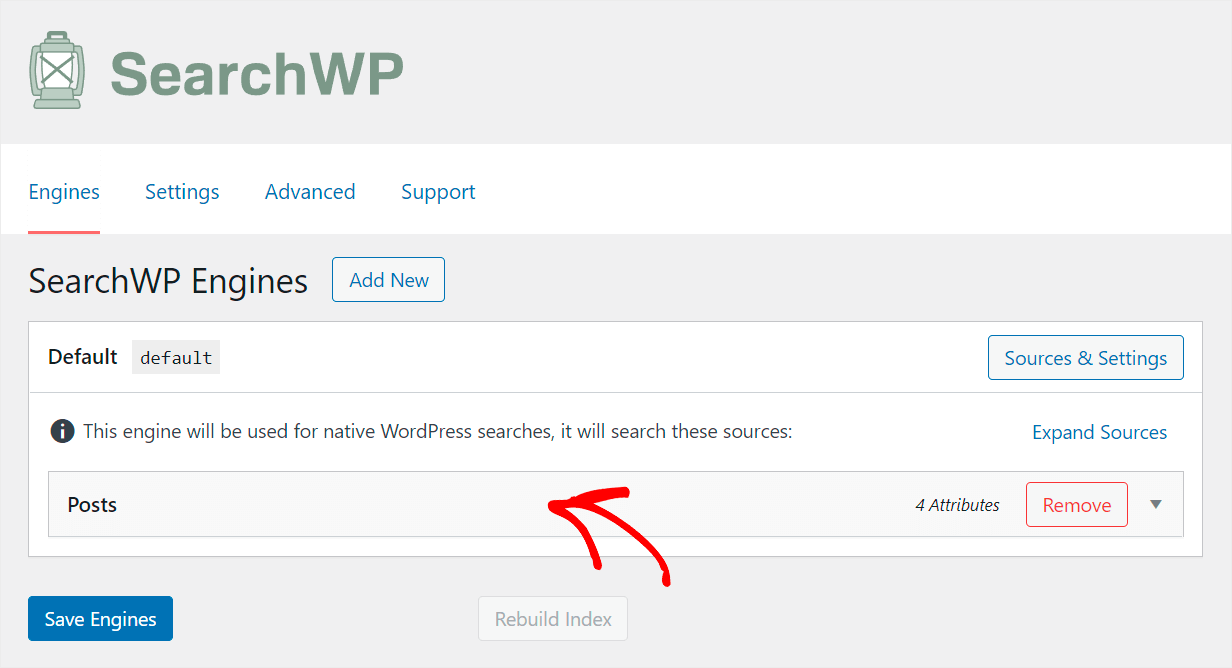 click on the Posts search source