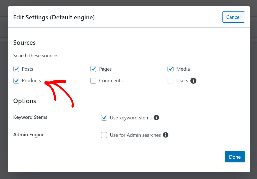 activate the Products search source