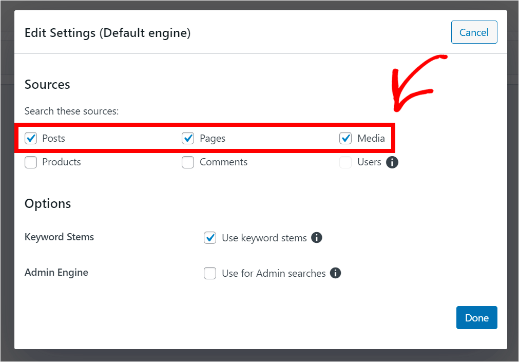 uncheck search sources