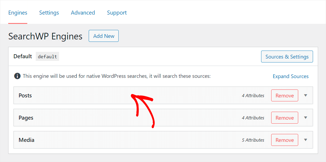 click on the Posts search source