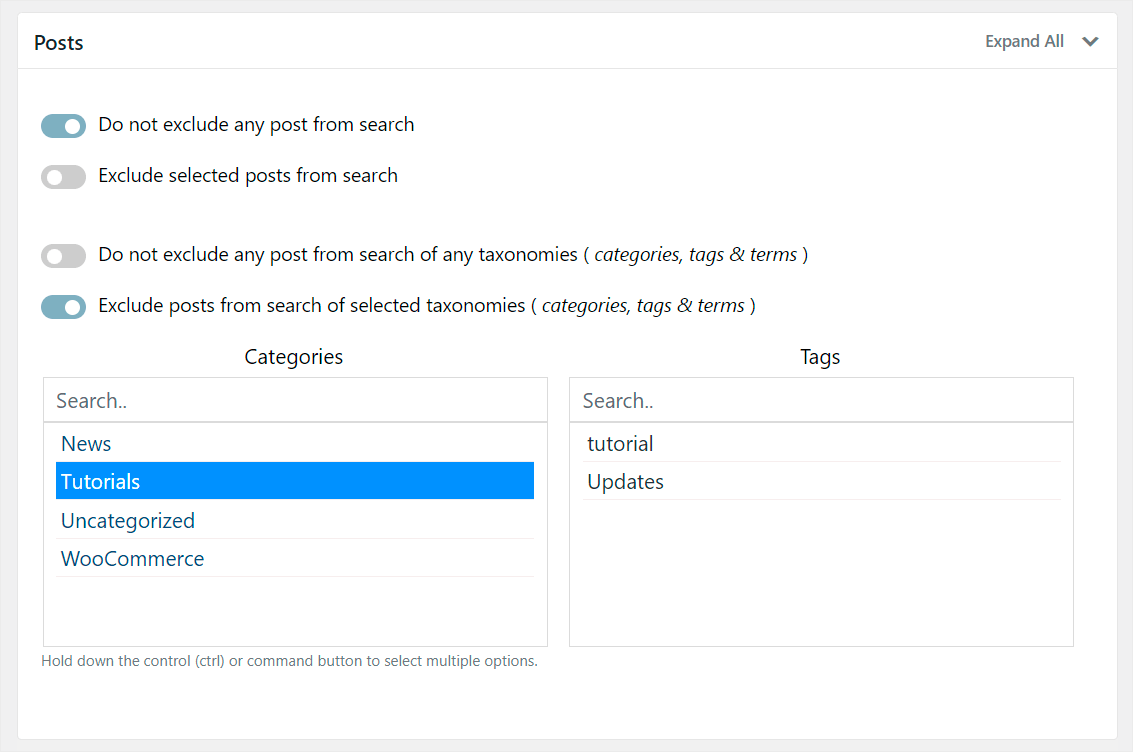 choose searchable categories