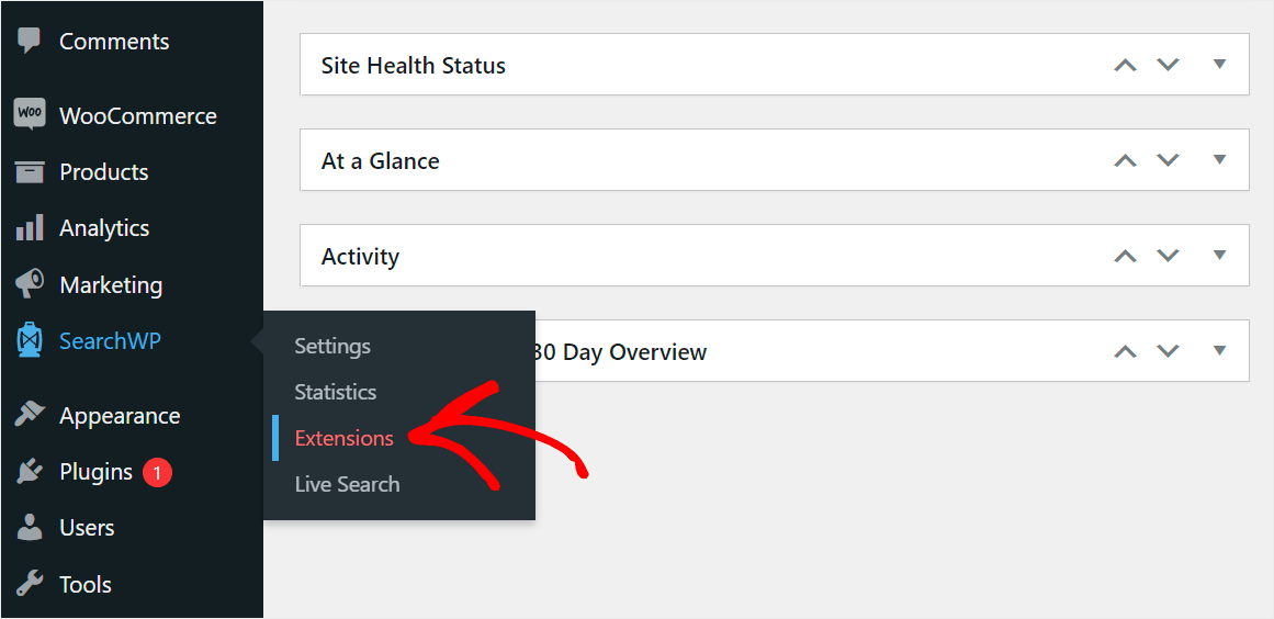 navigate to SearchWP extensions