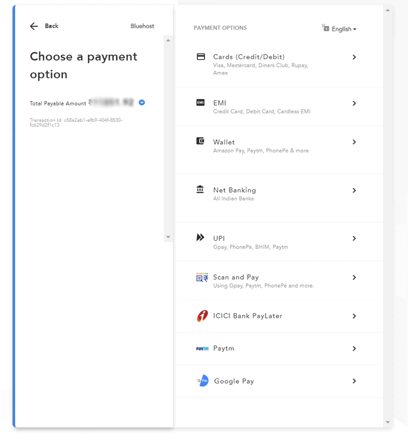 bluehost 인도 지불 방법