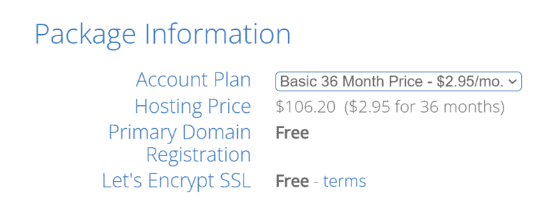 informații despre pachetul bluehost