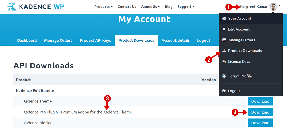 downloads de produtos kadence wp