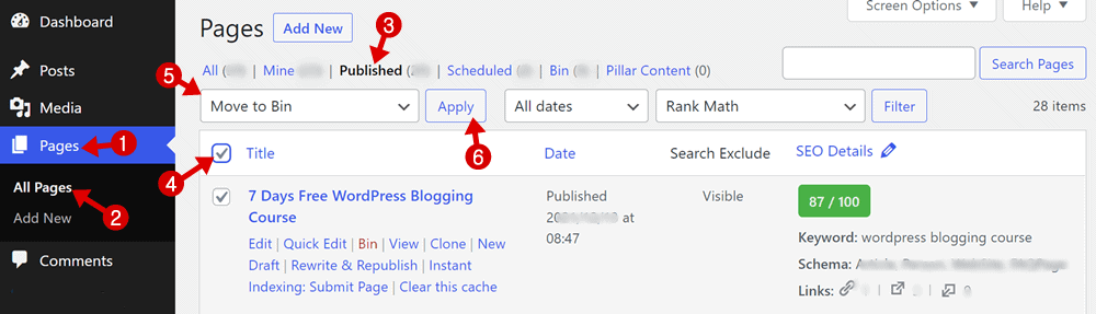 eliminar páginas de wordpress