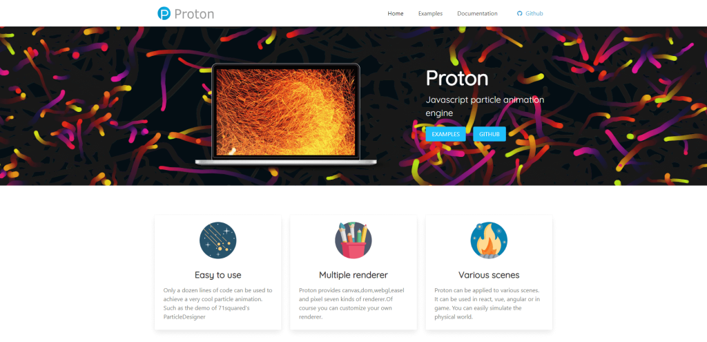 Proton เป็นไลบรารีแอนิเมชั่นอนุภาค Javascript ที่มีน้ำหนักเบาและทรงพลัง