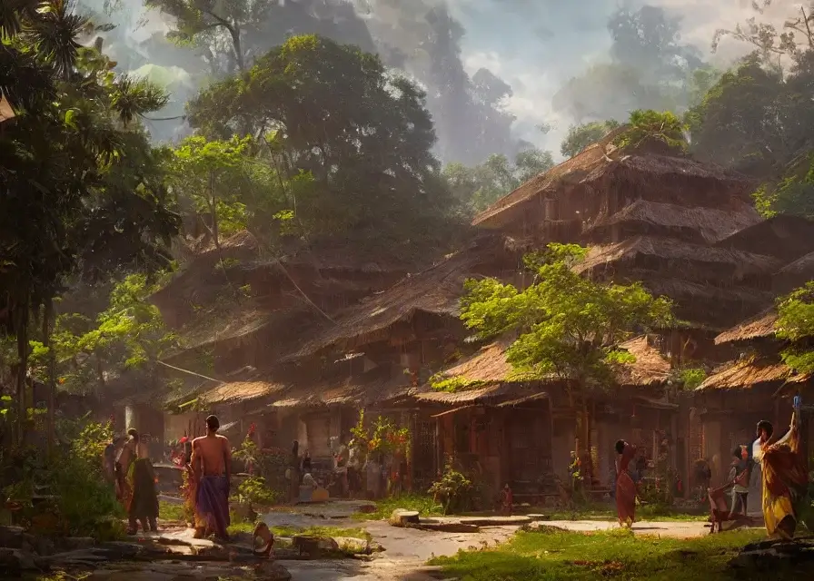 desa kerala, fokus tajam, bidikan lebar, tren di ArtStation, mahakarya, oleh Greg Rutkowski, oleh Ross Tran, oleh Fenghua Zhong, oktan, render lembut, minyak di atas kanvas, warna-warni, sinematik, seni konsep lingkungan