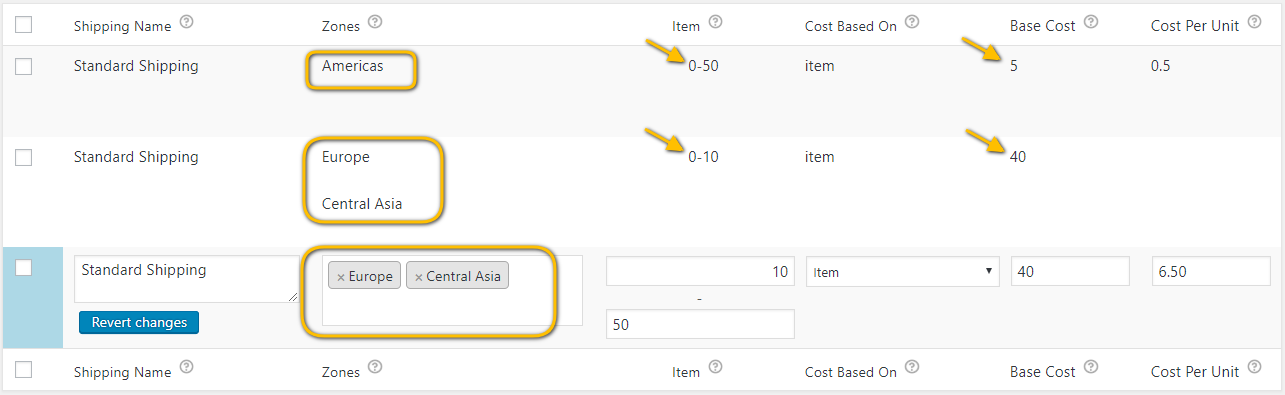 Calcul du tarif d'expédition par article pour différentes zones d'expédition