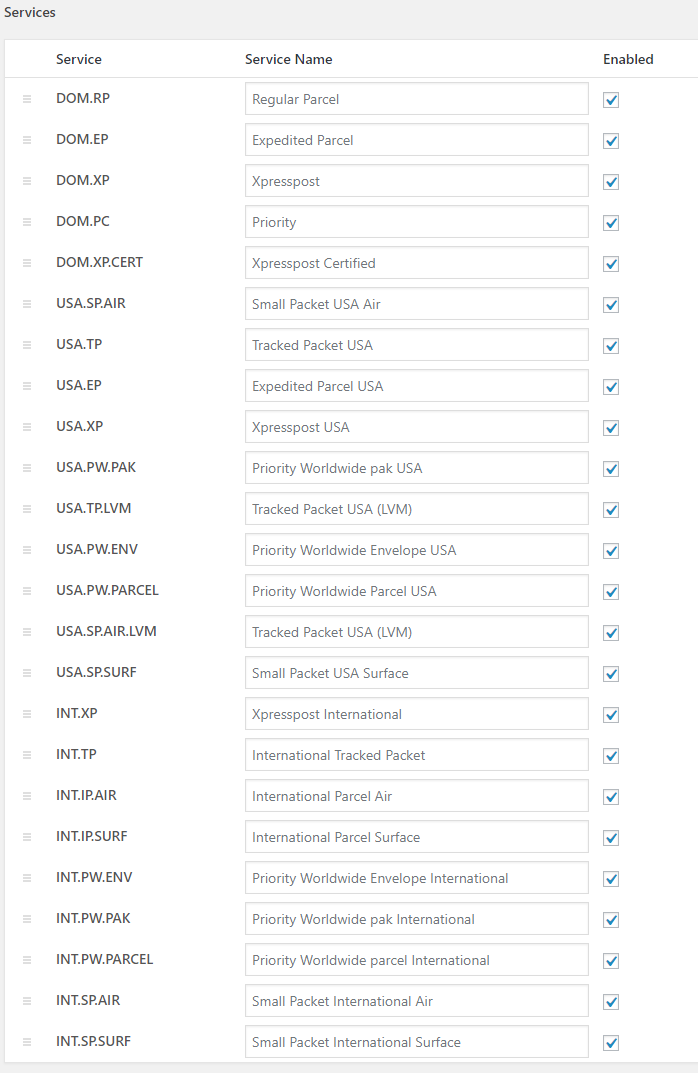Métodos de envio do Canada Post suportados pelo plugin