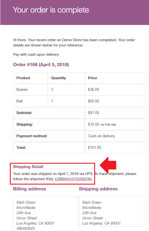 訂單完成電子郵件中的 UPS Shipment Tracking 詳細信息