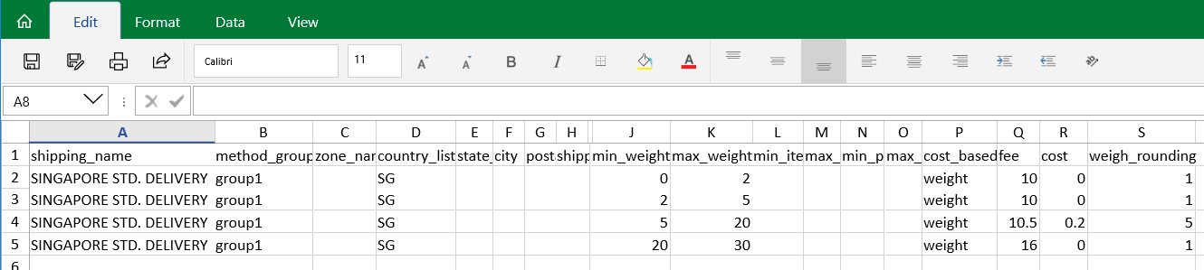 プラグインによって生成された CSV ファイル内のシンガポール ポストの配送ルール