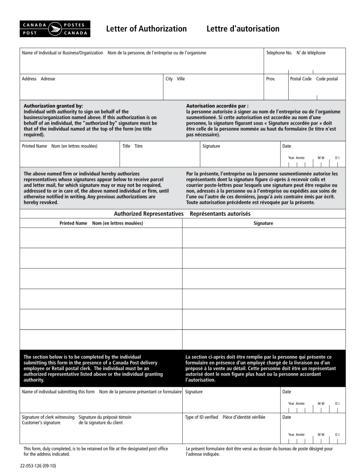 Canada Post Tracking - Autorisierungsschreiben