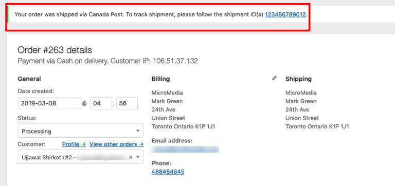 Canada Post Tracking - Bestellseite