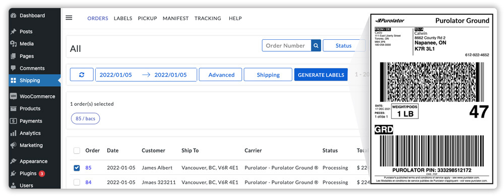 WooCommerce를 위한 Purolator-Ground-Label 생성