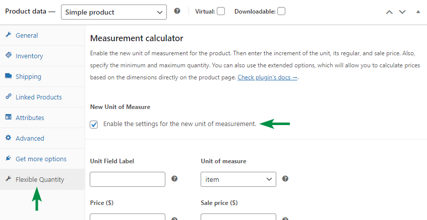 Включить гибкий калькулятор цен для измерения количества для параметров WooCommerce