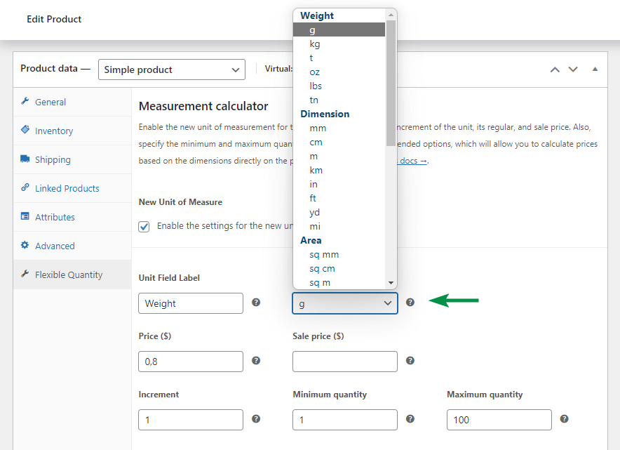 Définir la nouvelle unité de mesure d'un produit