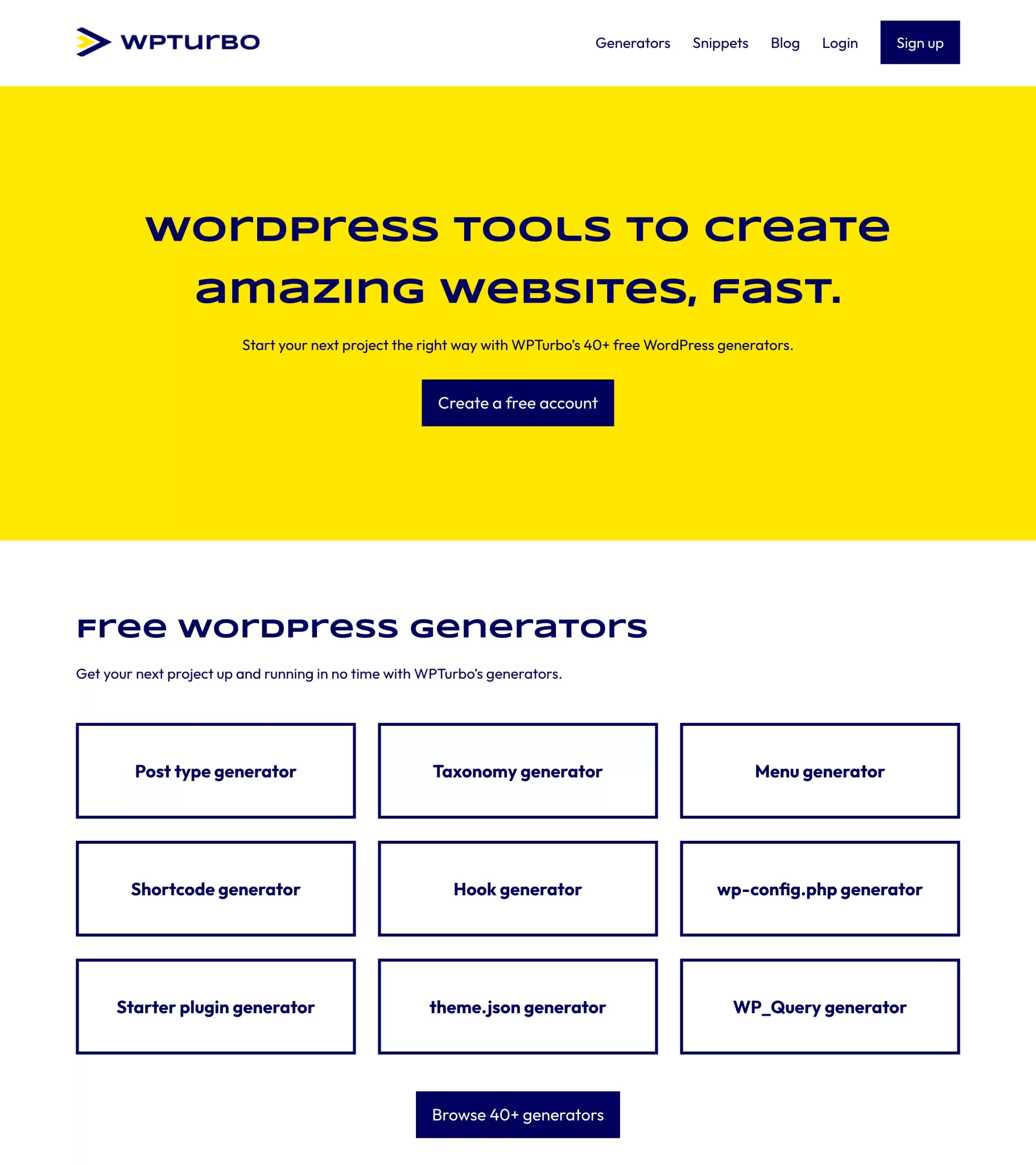 Startseite von WPTurbo, der Website, die WordPress-Entwicklern hilft, Websites schneller zu erstellen.
