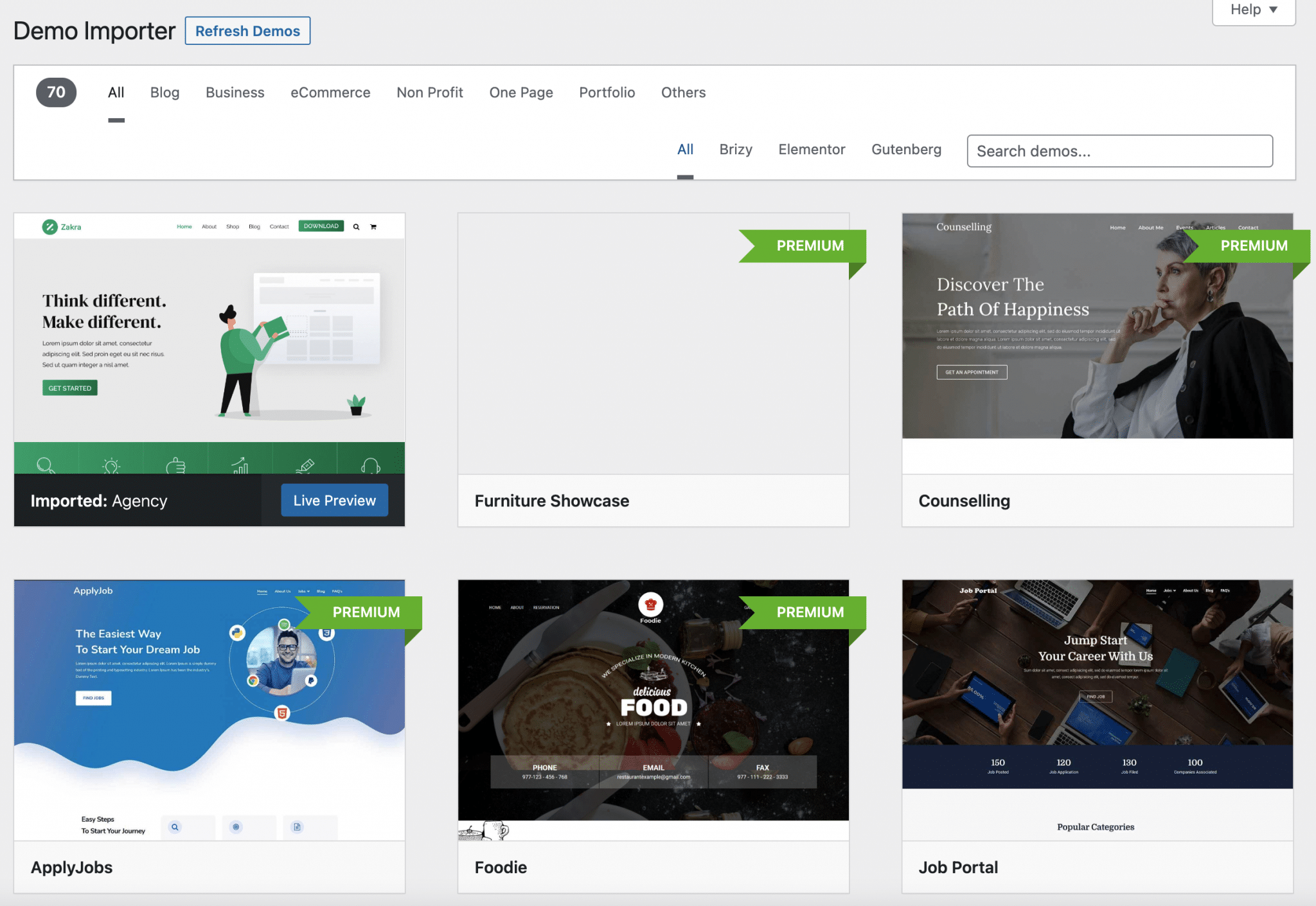 ตัวนำเข้าการสาธิตธีม Zakra
