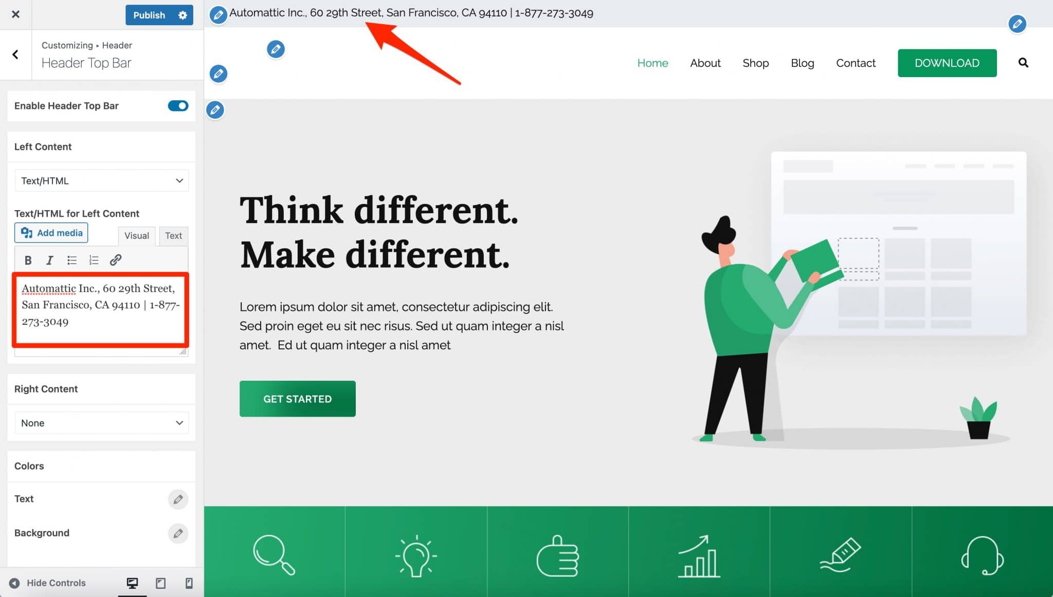 แถบด้านบนของส่วนหัวในธีม WordPress Zakra