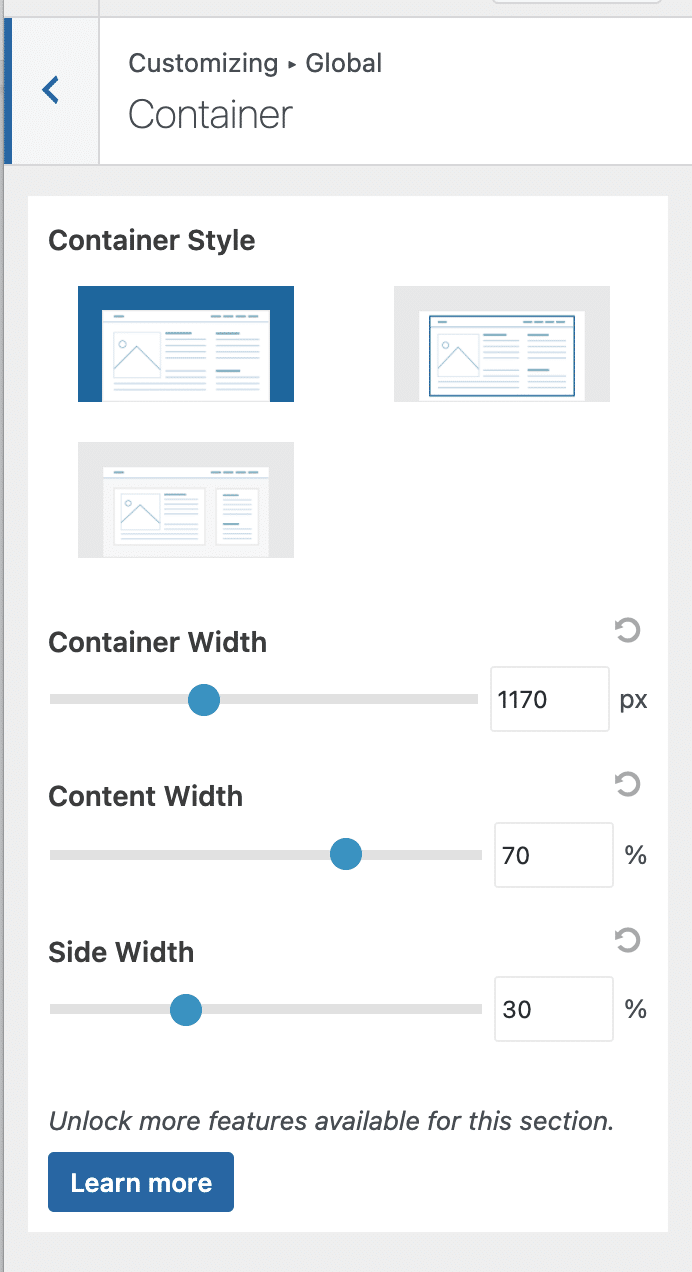 การปรับแต่งคอนเทนเนอร์ในธีม Zakra