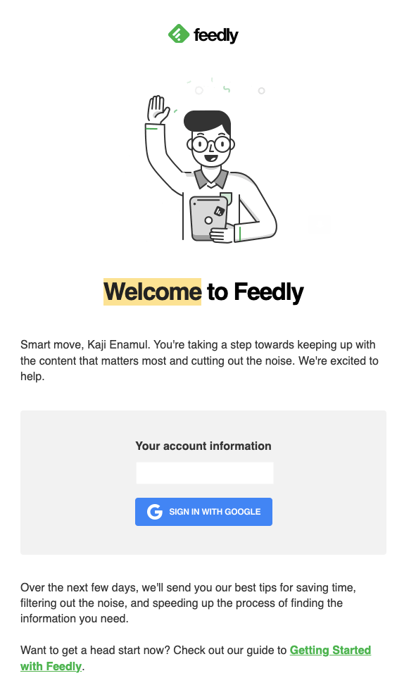 Email di benvenuto di Feedly