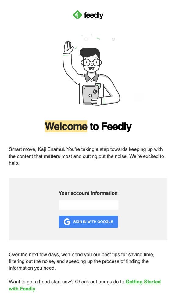 Приветственное письмо от Feedly