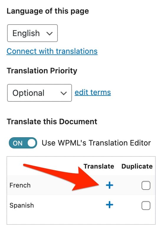 Menú de idioma WPML en el editor de contenido de WordPress, Gutenberg.