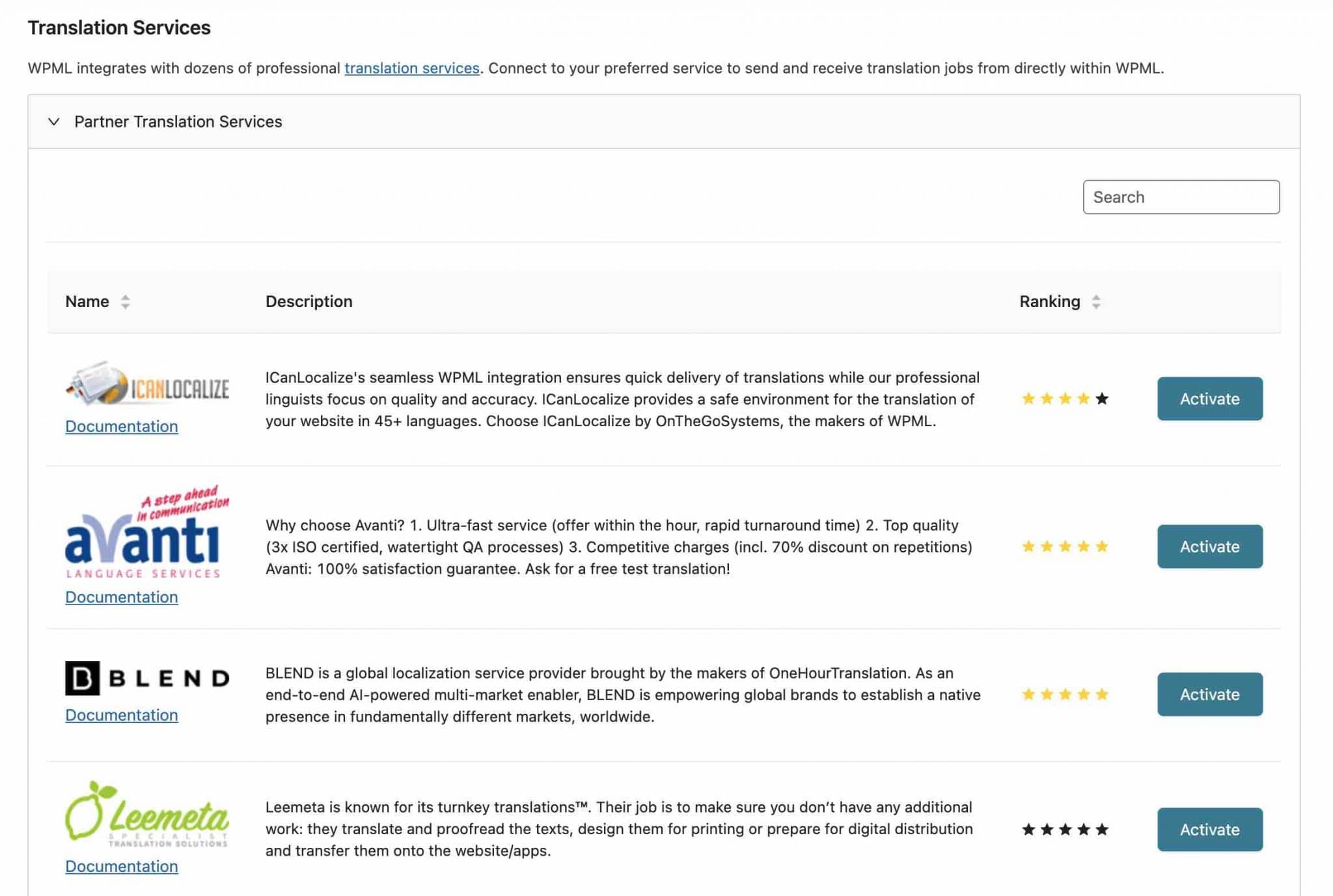 Una descripción general de los servicios de traducción ofrecidos por WPML.