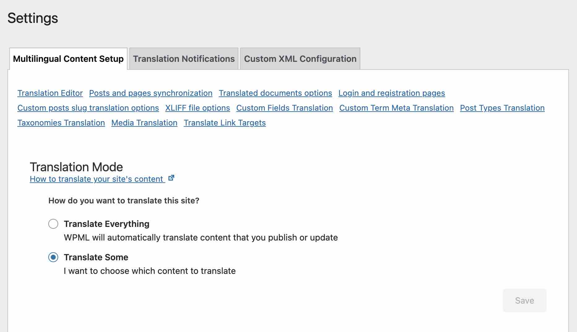Configuración de complementos multilingües en WPML.