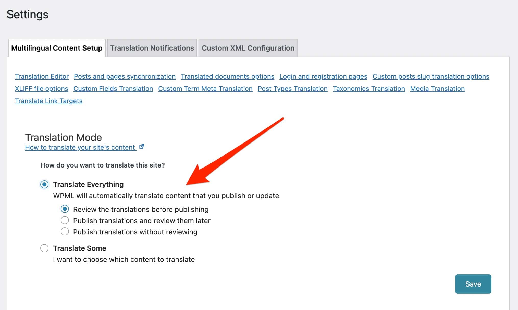 Función "Traducir todo" en WPML.