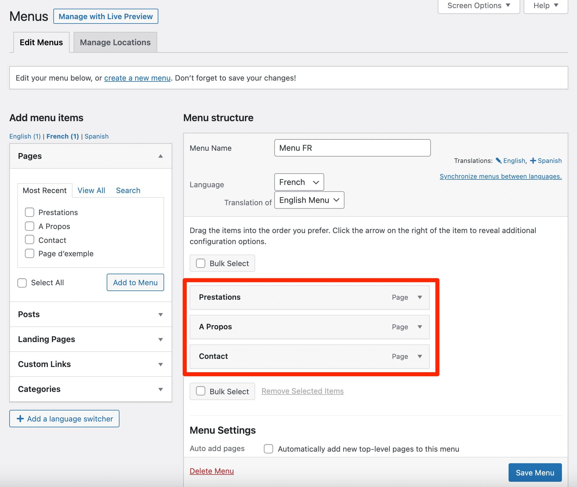Un menú creado en francés con WPML.