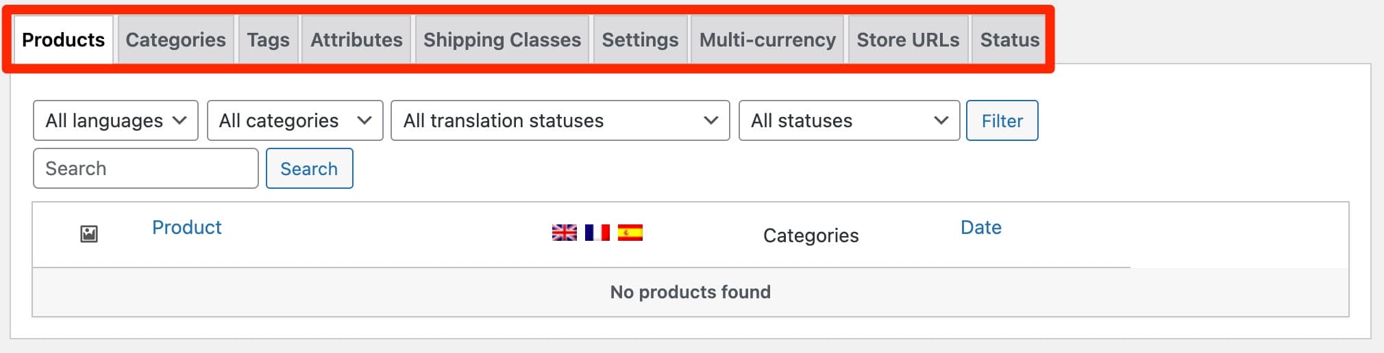 WooCommerce Multilingual tiene 8 pestañas.