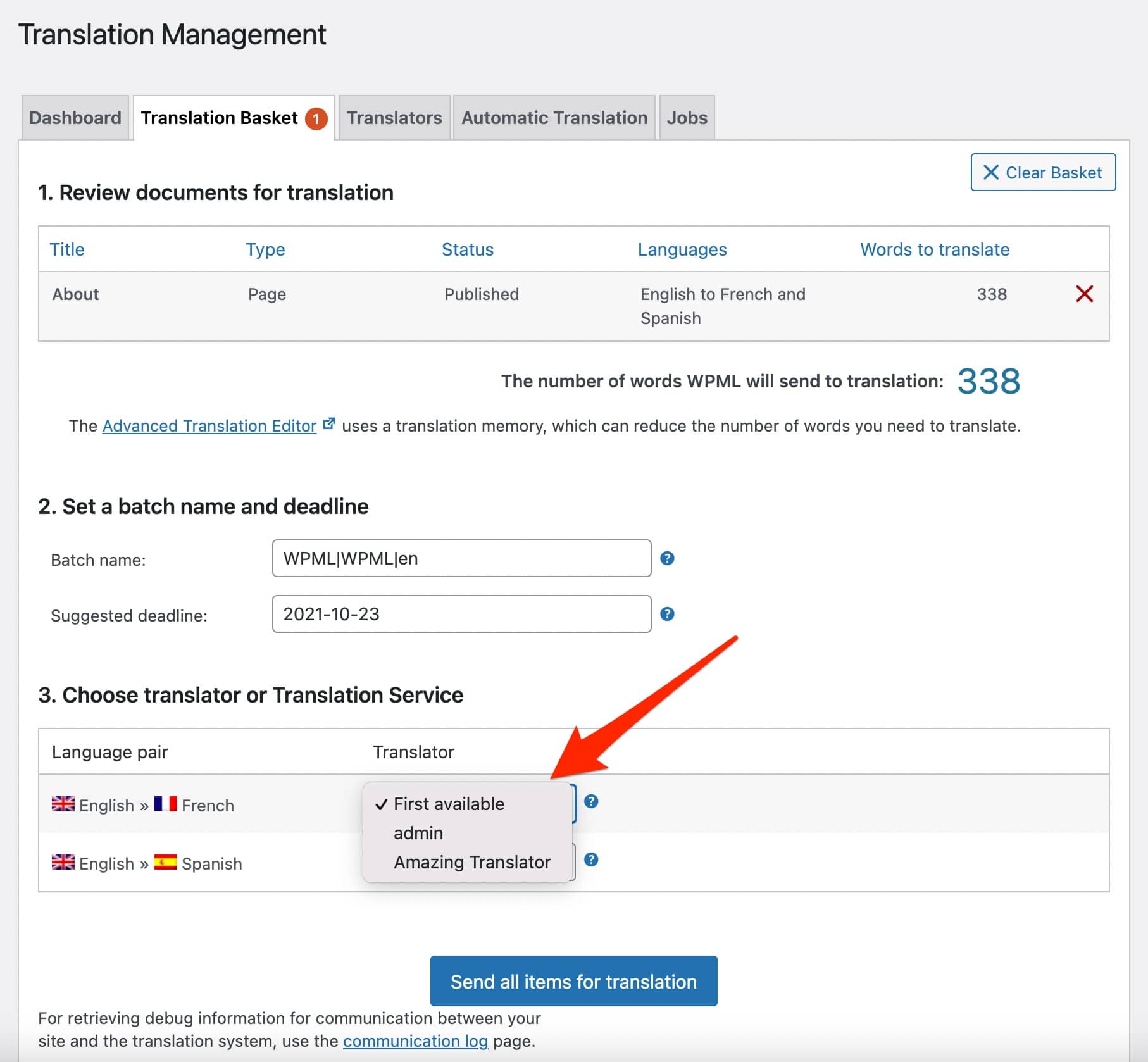 Elección del traductor en WPML.