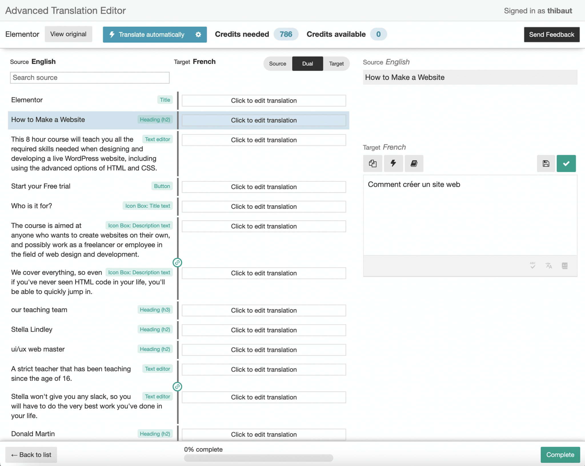 Traducción avanzada de una página construida con Elementor.