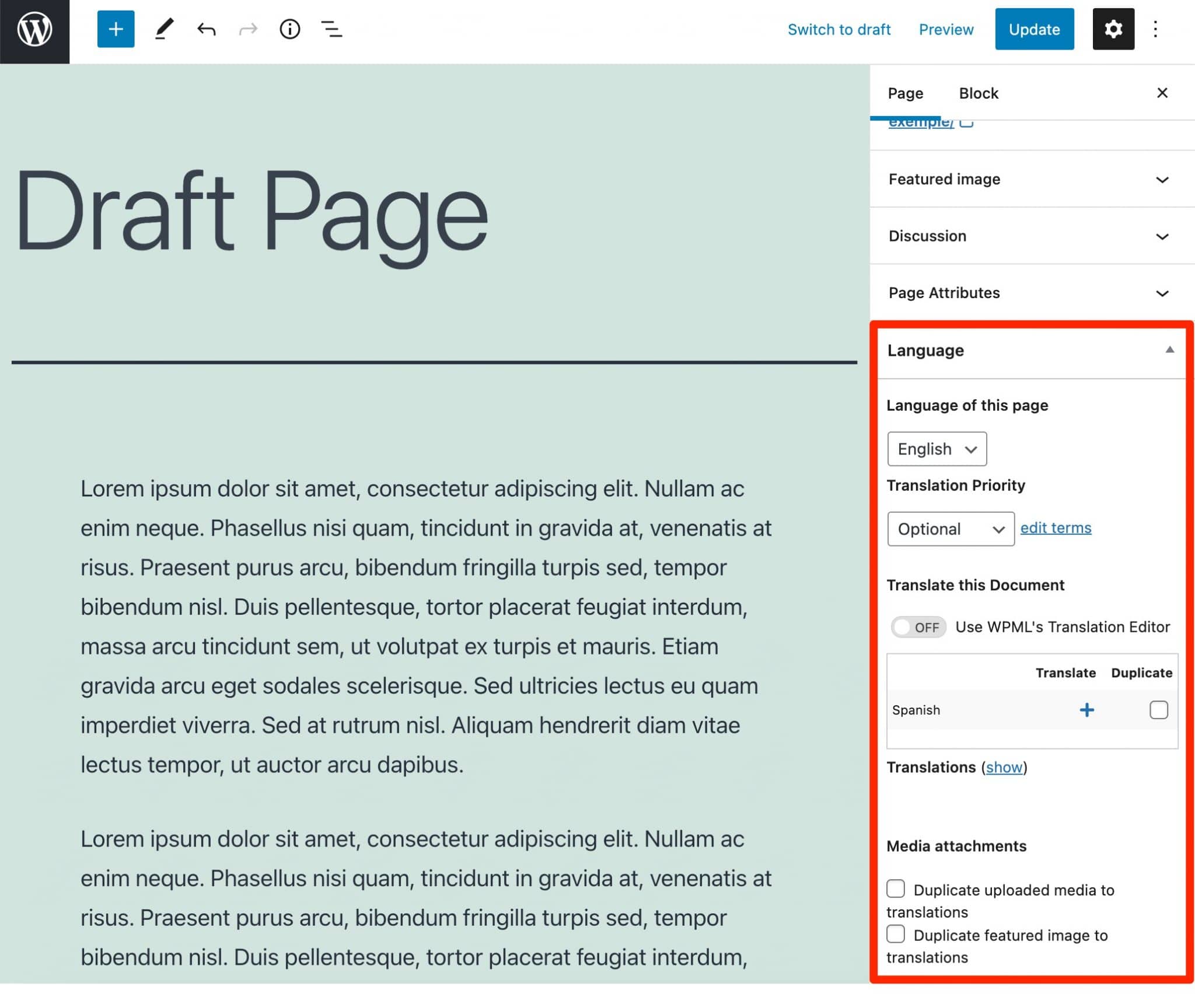 La pestaña de idioma en el editor de contenido de WordPress, Gutenberg.