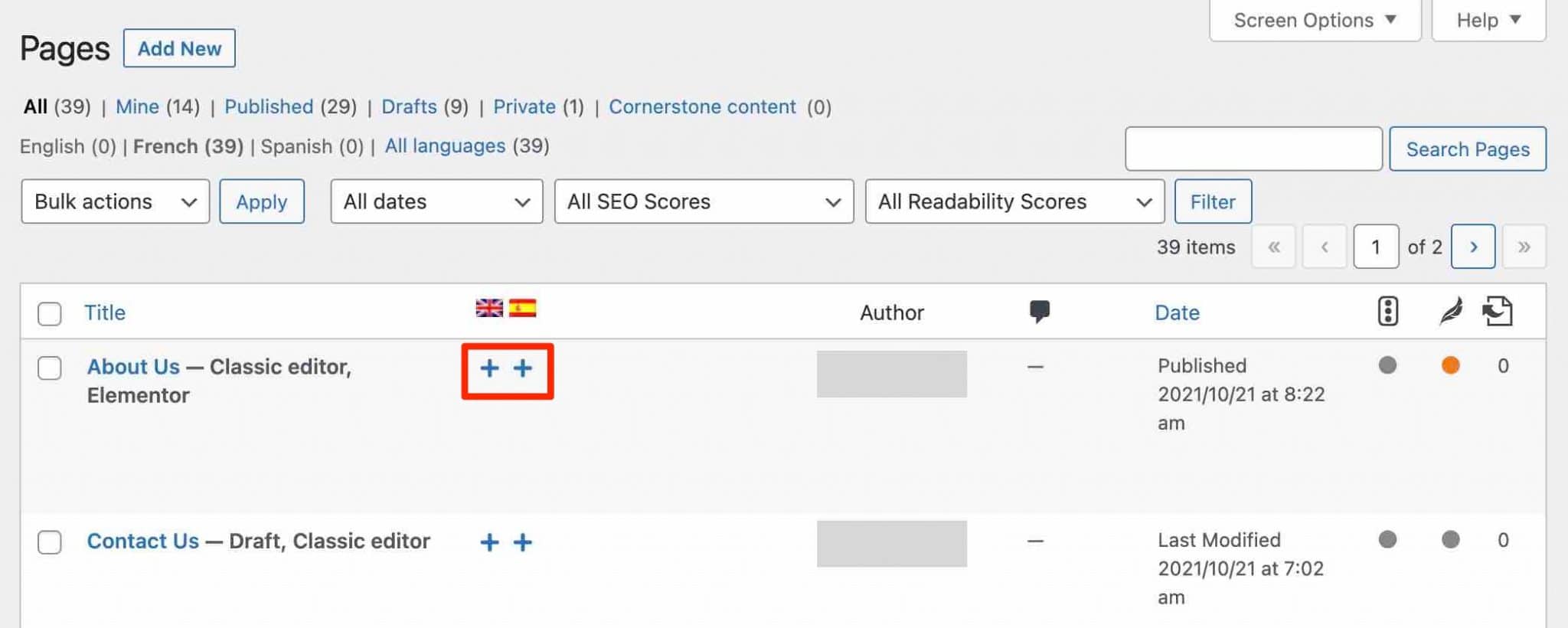 Iconos de traducción de WPML.