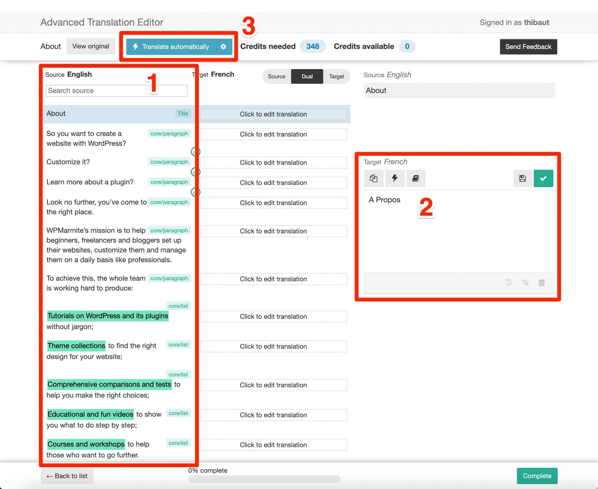 La interfaz del Editor de traducción avanzado en WPML.
