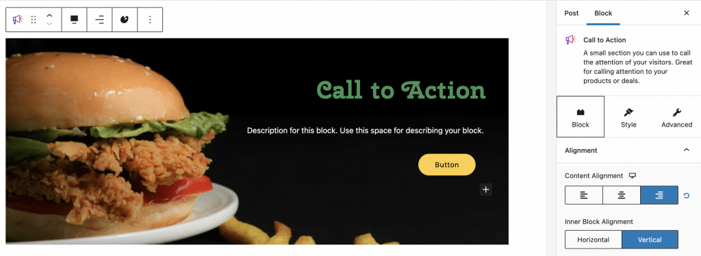 Las opciones de personalización de un bloque Apilable se organizan en tres pestañas: Bloque, Estilo y Avanzado.