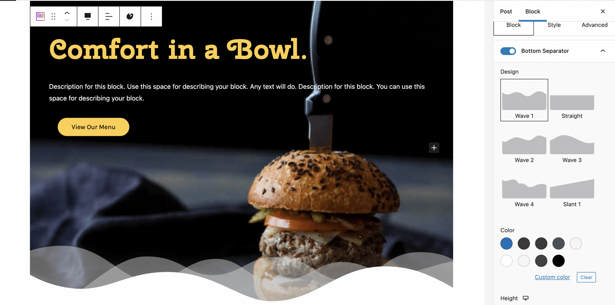 La adición de un separador en la parte inferior de un bloque apilable.