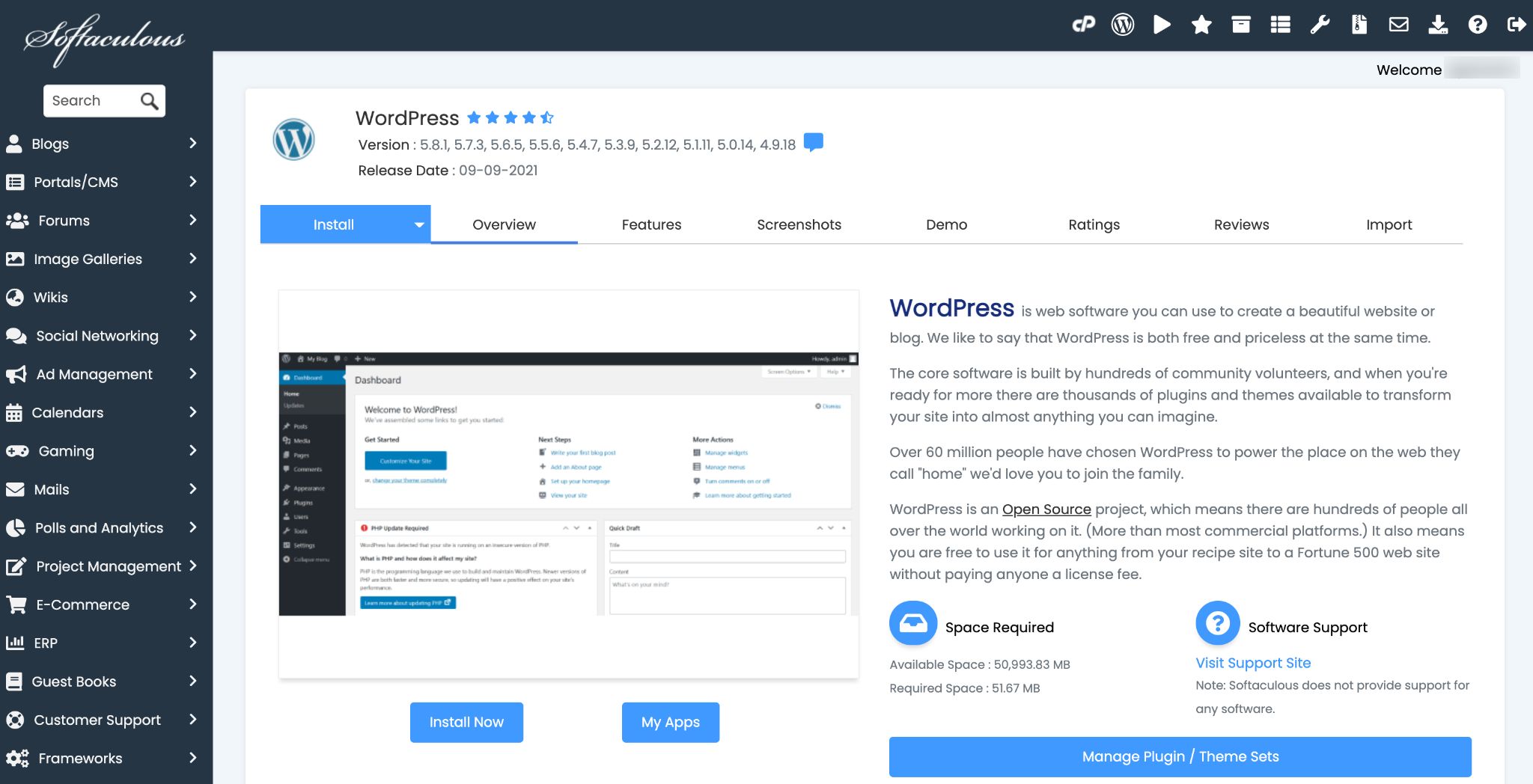 แดชบอร์ด Softaculous จาก Bluehost cPanel เพื่อติดตั้ง WordPress