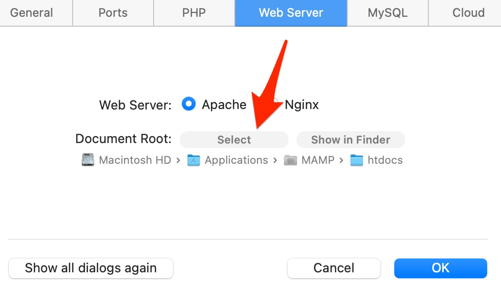 รูทเอกสารเว็บเซิร์ฟเวอร์บน MAMP