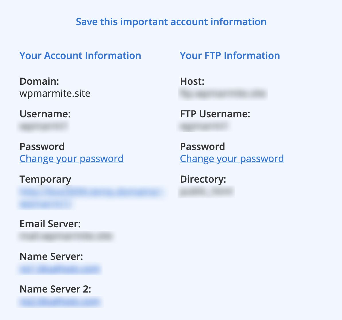 ข้อมูลบัญชีที่สำคัญจาก Bluehost เพื่อบันทึก