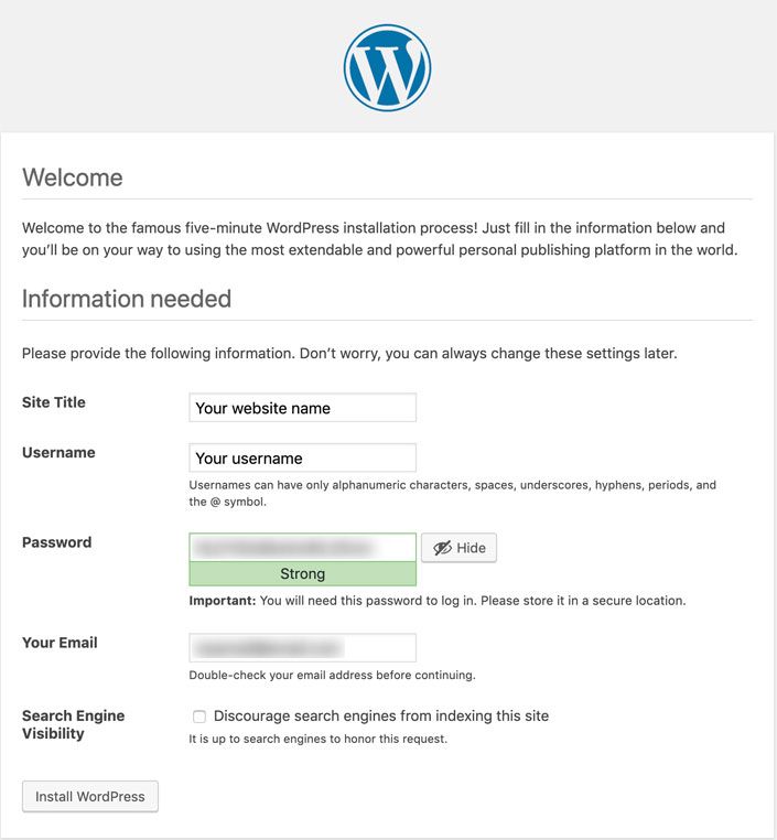 ข้อมูลที่จำเป็นสำหรับการติดตั้ง WordPress