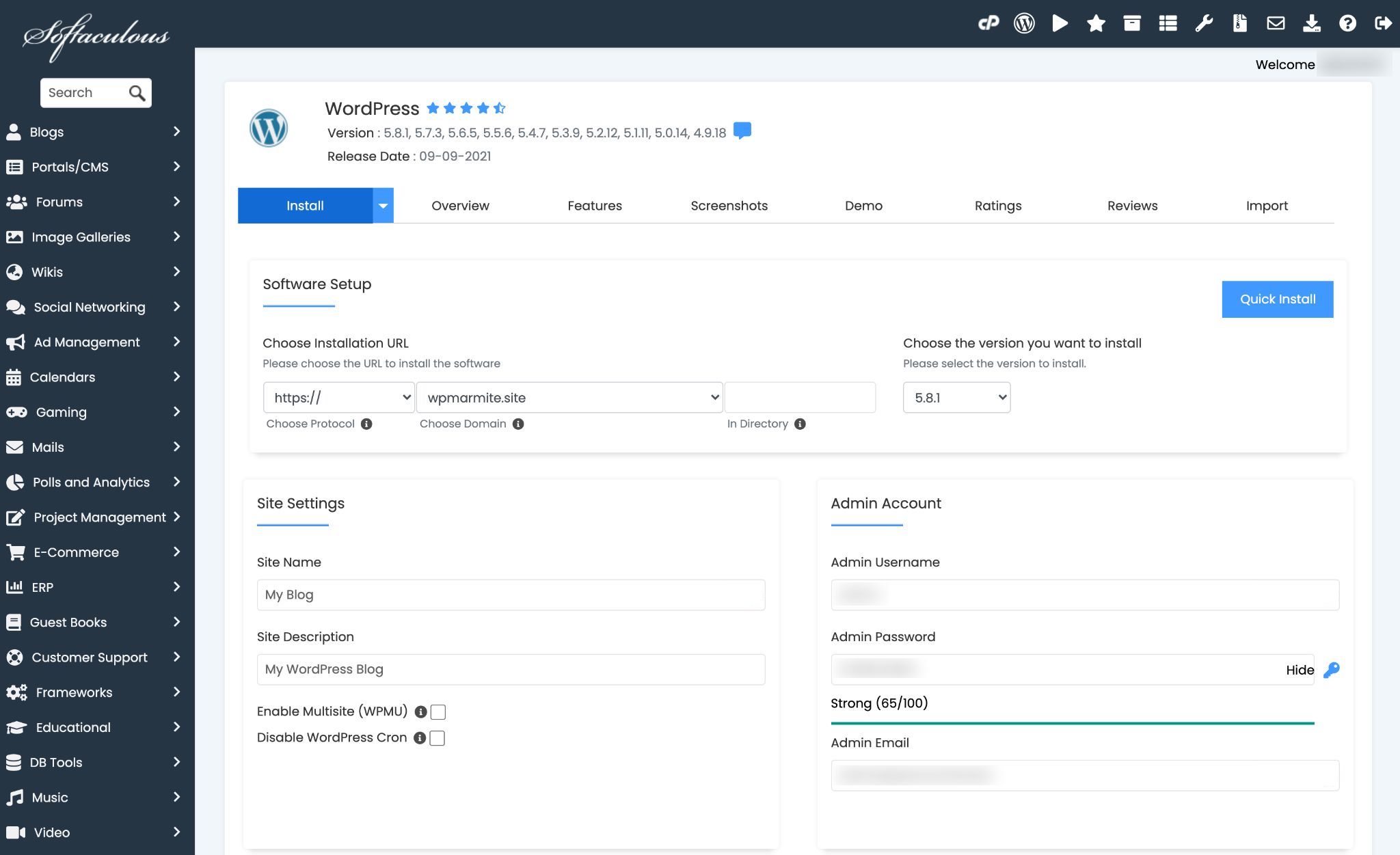 การตั้งค่า Softaculous เพื่อติดตั้ง WordPress จาก Bluehost cPanel